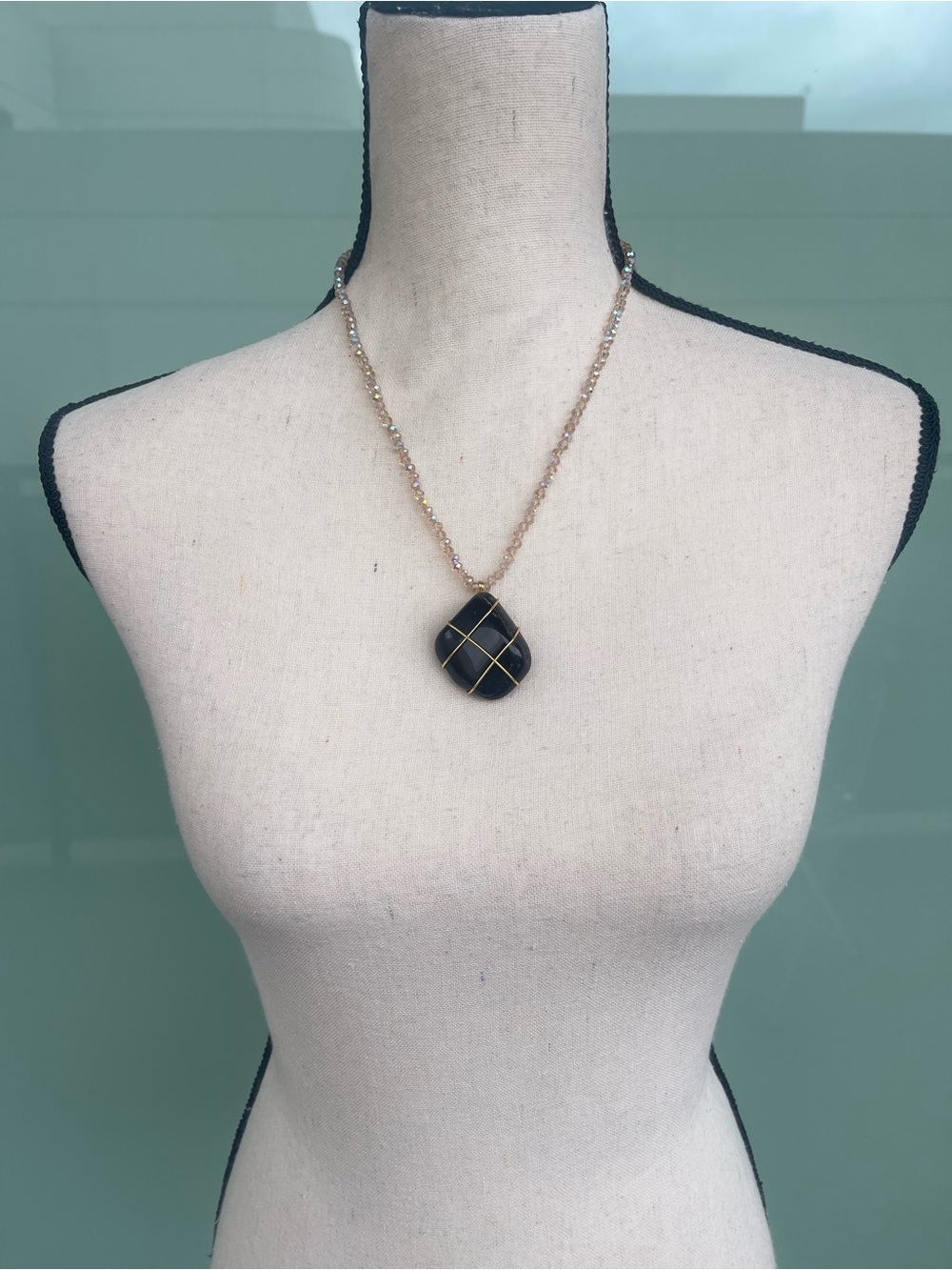 Black Onyx Gold Tone Wire Wrap on Champagne Glass Beaded Chain Handmade